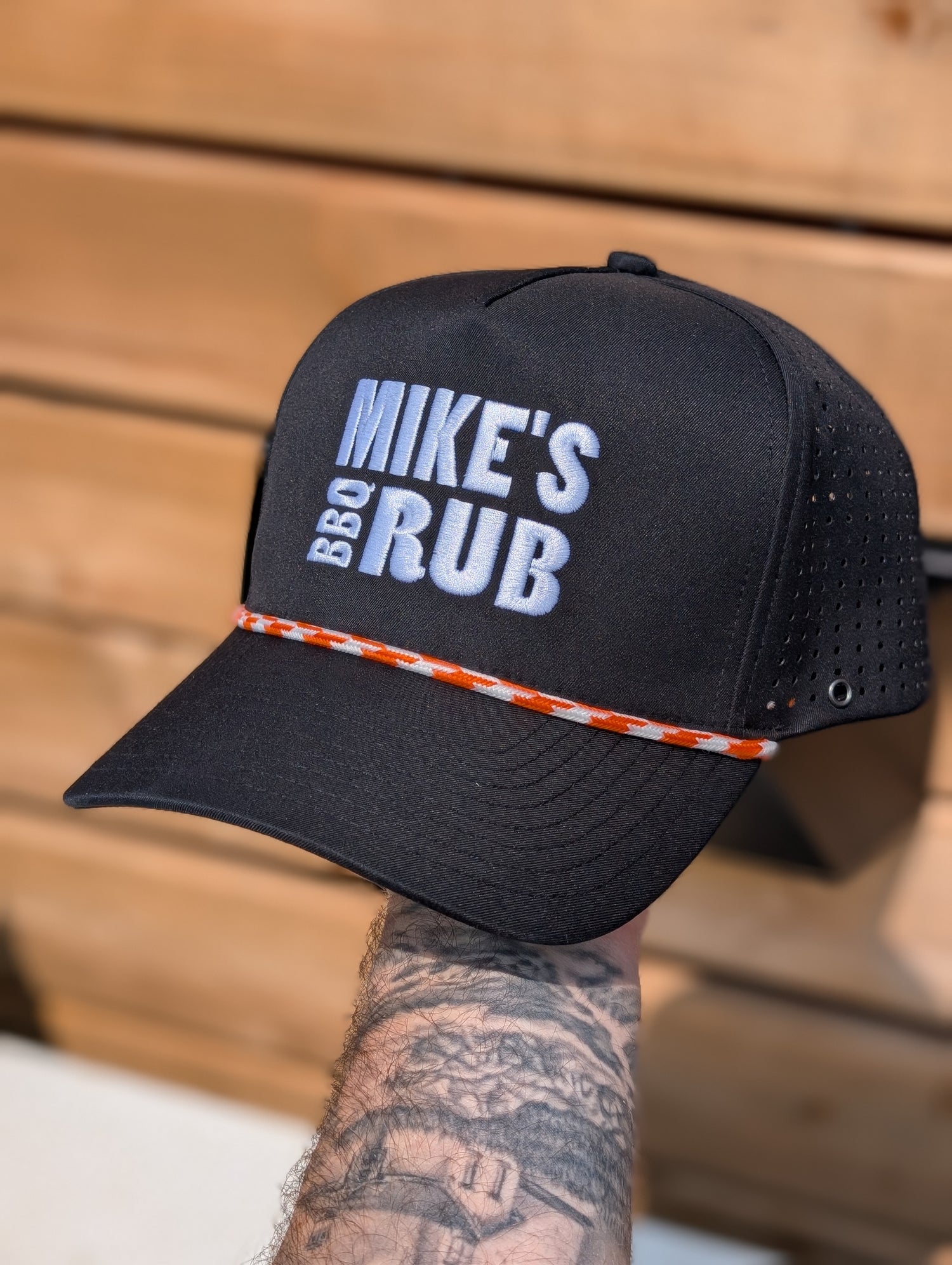 Mike’s BBQ Rub golf rope hat front view embroidered logo
